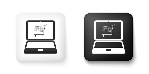 Black and white Online shopping concept. Shopping cart on screen laptop icon isolated on white background. Concept e-commerce, online business marketing. Square button. Vector.