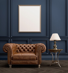 Classic style interior.Leather armchair with lamp,blank picture frame and blue wall.3d rendering
