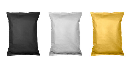 White, black and gold pillow bag of chips , snacks or candys top view. Isolated on a white...