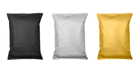 White, black and gold pillow bag of chips , snacks or candys top view. Isolated on a white background.