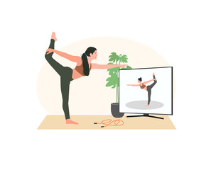 Quarantine, stay at home concept. Women doing exercises and yoga with teacher, tutor, personal trainer on-line, learn how to do exercises, relax, during quarantine. Sport, leisure and hobby 