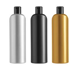 White, black and gold plastic bottles of shampoo isolated on white background front view. Packaging template mockup collection.