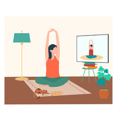Quarantine, stay at home concept. Women doing exercises and yoga with teacher, tutor, personal trainer on-line, learn how to do exercises, relax, during quarantine. Sport, leisure and hobby 