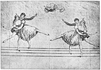 Performance by a family of tightrope walkers. Illustration of the 19th century. White background.