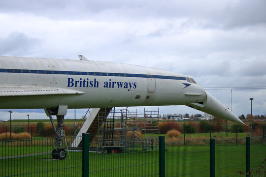 Supersonic Plane In An Air Museum. Concorde 02 With The Inscription British Airways. Open Pointed Nose. Juvisy, France. February 02. 2020.