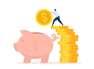 Financial and money saving concept. Piggy bank. Investment success and safe economical fund deposit strategy. Character putting coin in piggybank. Vector illustration isolated on white background.