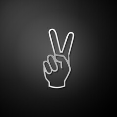 Silver Hand showing two finger icon isolated on black background. Victory hand sign. Long shadow style. Vector.