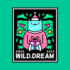 Cute Cat character holding gift boxes, with wearing Santa costume. Hand drawn holiday illustration in cartoon, doodle style for New Year and Christmas