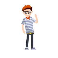 French man in blue striped clothes and red beret waving his hand. Typical resident of Europe. Cartoon flat illustration. Guy stand.