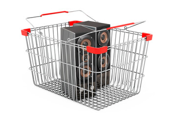 Musical speakers inside shopping basket, 3D rendering