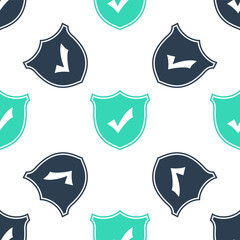 Green Shield with check mark icon isolated seamless pattern on white background. Protection symbol. Security check Icon. Tick mark approved icon. Vector.