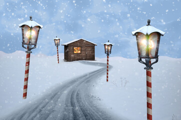 hut lantern north pole christmas road on snow