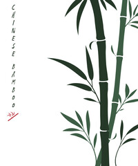 Vector bamboo background with dark green bamboo stems and leaves. Isolated on white, place for text, copyspace. Sumi-e stylization. Oriental art stylization. - 389440900