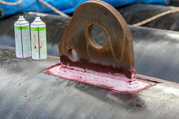 View of the dye penetrant inspection, also called liquid penetrate inspection or penetrant testing...