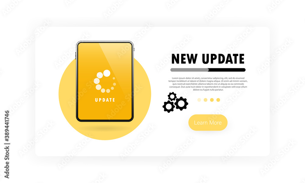 Poster system upgrade for tablet banner. updating progress with gears. vector on isolated white background.