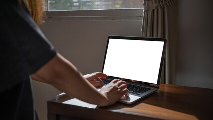 Fototapeta na wymiar Woman using empty screen laptop at home.