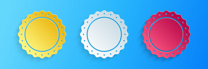 Paper cut Quality emblem icon isolated on blue background. Paper art style. Vector.