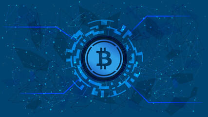 Wrapped Bitcoin WBTC token symbol of the DeFi project in a digital circle with a cryptocurrency theme on a blue background. Cryptocurrency icon. Decentralized finance programs. Copy space. Vector.
