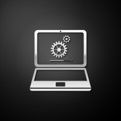 Silver Laptop and gears icon isolated on black background. Adjusting app, service, setting options, maintenance, repair, fixing laptop concepts. Long shadow style. Vector.