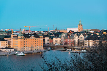 Naklejka na ściany i meble Scenic panorama of the Old Town of Stockholm architecture pier. Gamla Stan.