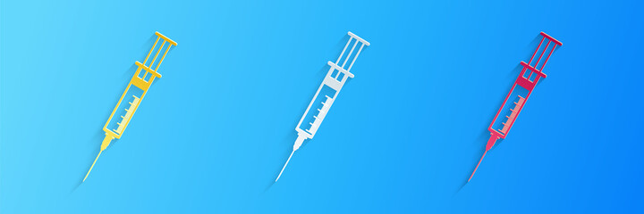 Paper cut Syringe icon isolated on blue background. Syringe sign for vaccine, vaccination, injection, flu shot. Medical equipment. Paper art style. Vector.