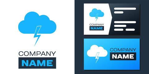 Logotype Storm icon isolated on white background. Cloud and lightning sign. Weather icon of storm. Logo design template element. Vector.