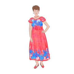 Girl with short hair, stands in a long red dress, puts her hand on her hip