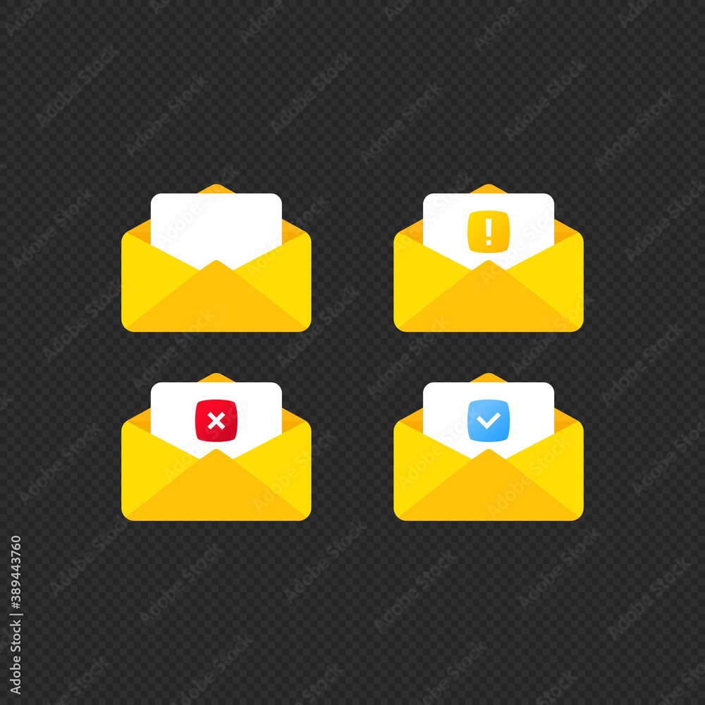 Poster opened envelope and document with check mark, cross mark and exclamation mark. vector on isolated ba