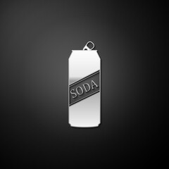 Silver Soda can icon isolated on black background. Long shadow style. Vector.