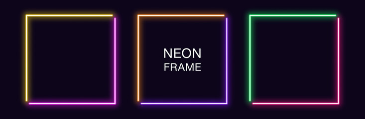 Neon square Frame. Set of quadrate neon Border in 2 angular parts. Geometric shape