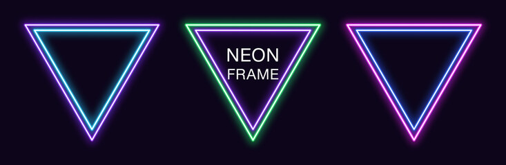 Neon triangle Frame. Set of triangular neon Border with double outline. Geometric shape - obrazy, fototapety, plakaty