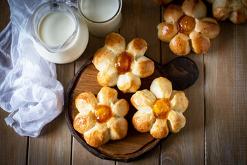 Sweet Breakfast: jam rolls on a wooden Board. The view from the top