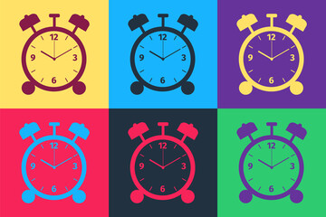 Pop art Alarm clock icon isolated on color background. Wake up, get up concept. Time sign. Vector.