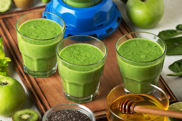 Healthy snack of spinach smoothie. Sports Nutrition, Slimming, close up