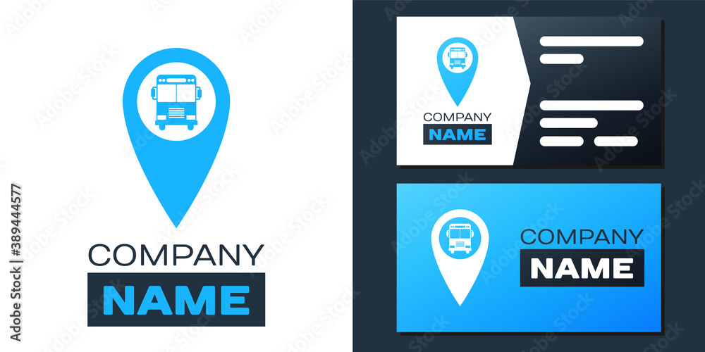 Poster logotype map pointer with bus icon isolated on white background. logo design template element. vecto