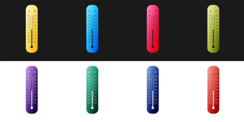 Set Celsius and fahrenheit meteorology thermometers measuring icon isolated on black and white background. Thermometer equipment showing hot or cold weather. Vector.