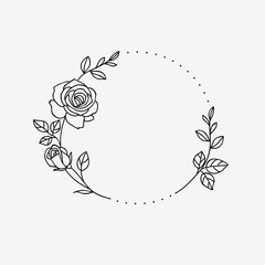 One line drawing. Frame of garden rose with stem and leaves. Hand drawn sketch. Vector illustration. - obrazy, fototapety, plakaty