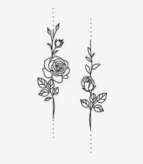 One line drawing. Set of garden roses with stem and leaves. Hand drawn sketch. Vector illustration.