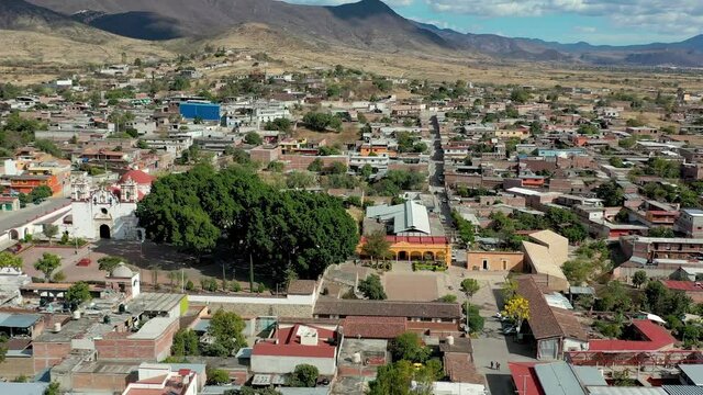 Teotitlan del Valle artisan village in Tlacolula, Oaxaca, Mexico. Revealing aerial drone video of traditional mexican village.