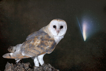 White owl (Tyto alba) perched on a stone. The starry background with a comet