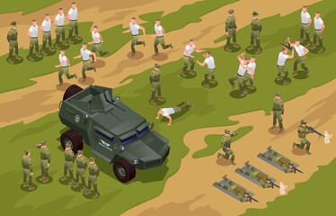 Special operations forces training. 
Physical and combat training, hand-to-hand combat, shooting illustration isometric icons on isolated background
