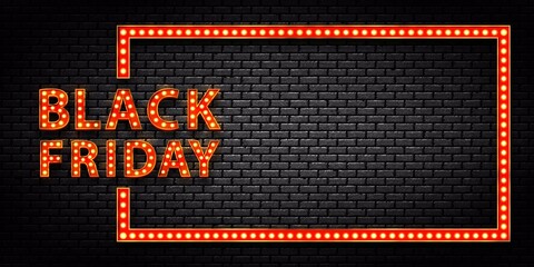 Vector realistic isolated marquee light bulb frame of Black Friday for decoration and covering on the wall background. Concept of sale and discount. © comicsans