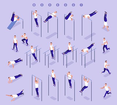 People doing workout. Fitness exercise in the gym and outdoors. People on the parallel bars and horizontal bar. Healthy and active lifestyle. Set of isometric icons on isolated background