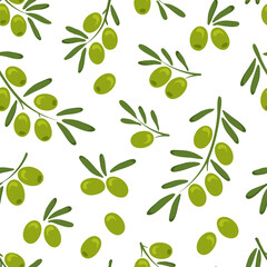 Olive vector seamless pattern with branch green olives and leaves, hand drawn. Organic illustration