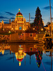 Inner Harbor in Victoria BC, Vancouver Island, Canada, decorated with festive lights during Christmas time
