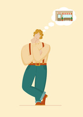 Man thinks about his own business, stending with his hand on his chin, bending one leg.