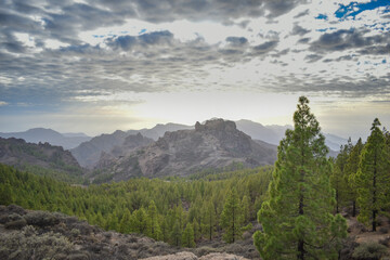 Valley full of mountains and volcanic rocks in Gran Canaria during sunset.