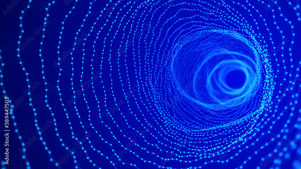 Poster abstract tunnel of dots. abstract gradient dynamic wave of glowing particles. network of neon dots. 