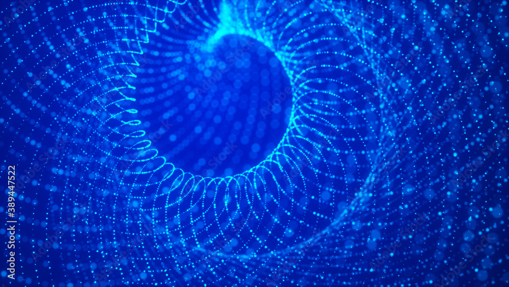Poster abstract tunnel of dots. abstract gradient dynamic wave of glowing particles. network of neon dots. 