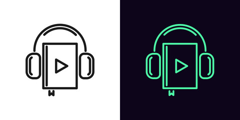 Outline audiobook icon. Linear audio book sign with headphones, online library with editable stroke
